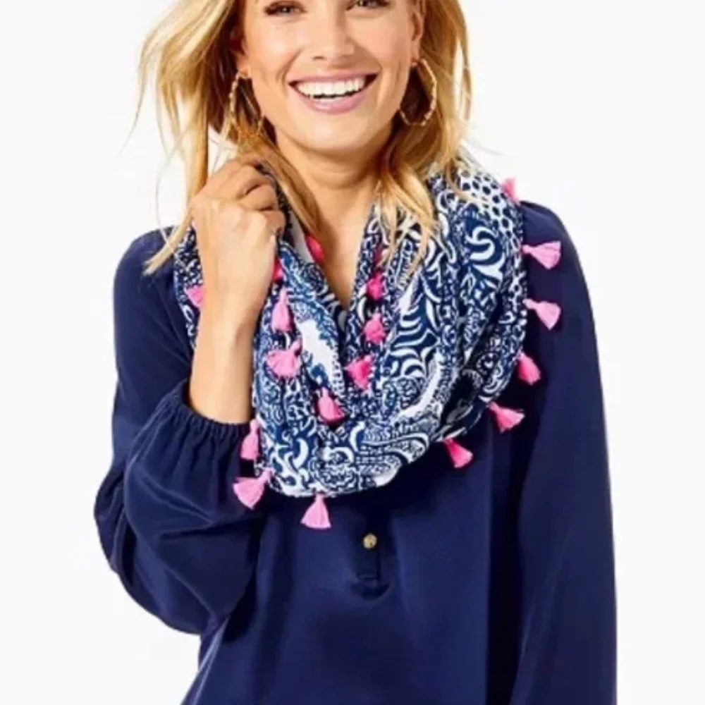 Lilly Pulitzer Blue and White with Hot Pink Tassels Infinity Loop Scarf